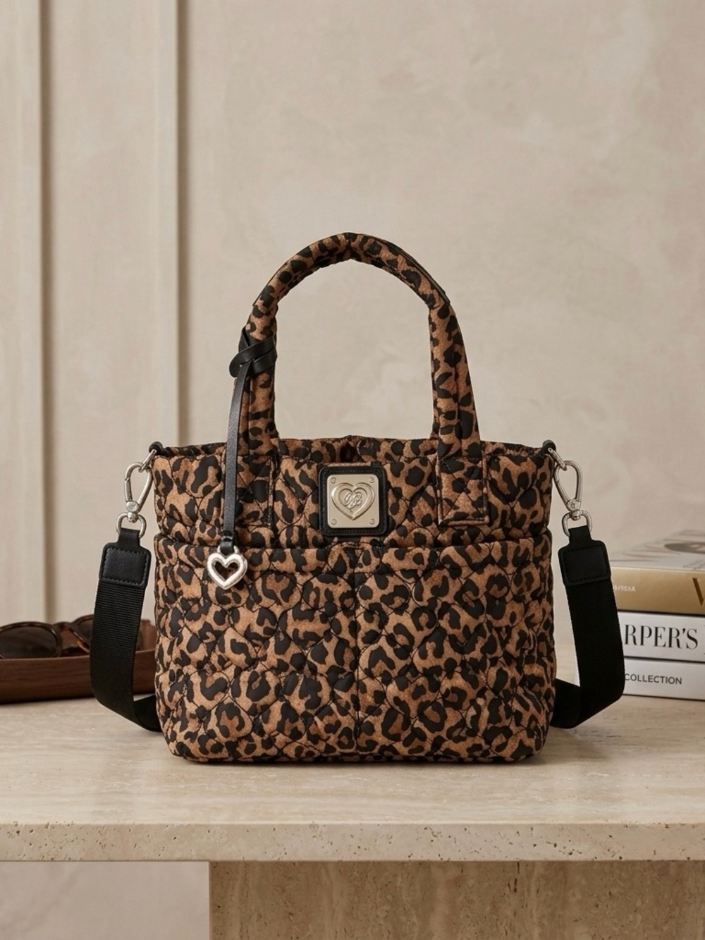 Brighton Kamille Quilted Nylon Crossbody Satchel Bag Leopard Heart Print